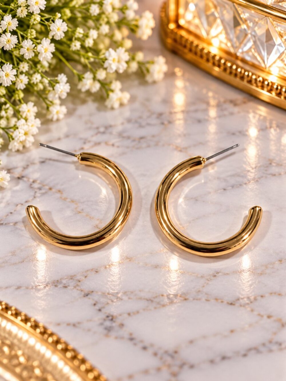 Gold Chunky C Hoop Earrings Polished Open Hoops - Classic Womens Fashion Jewelry